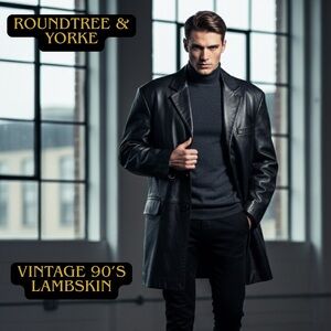 VINTAGE ROUNDTREE & YORKE Black Lambskin Leather Blazer Coat L Shoulder Pads